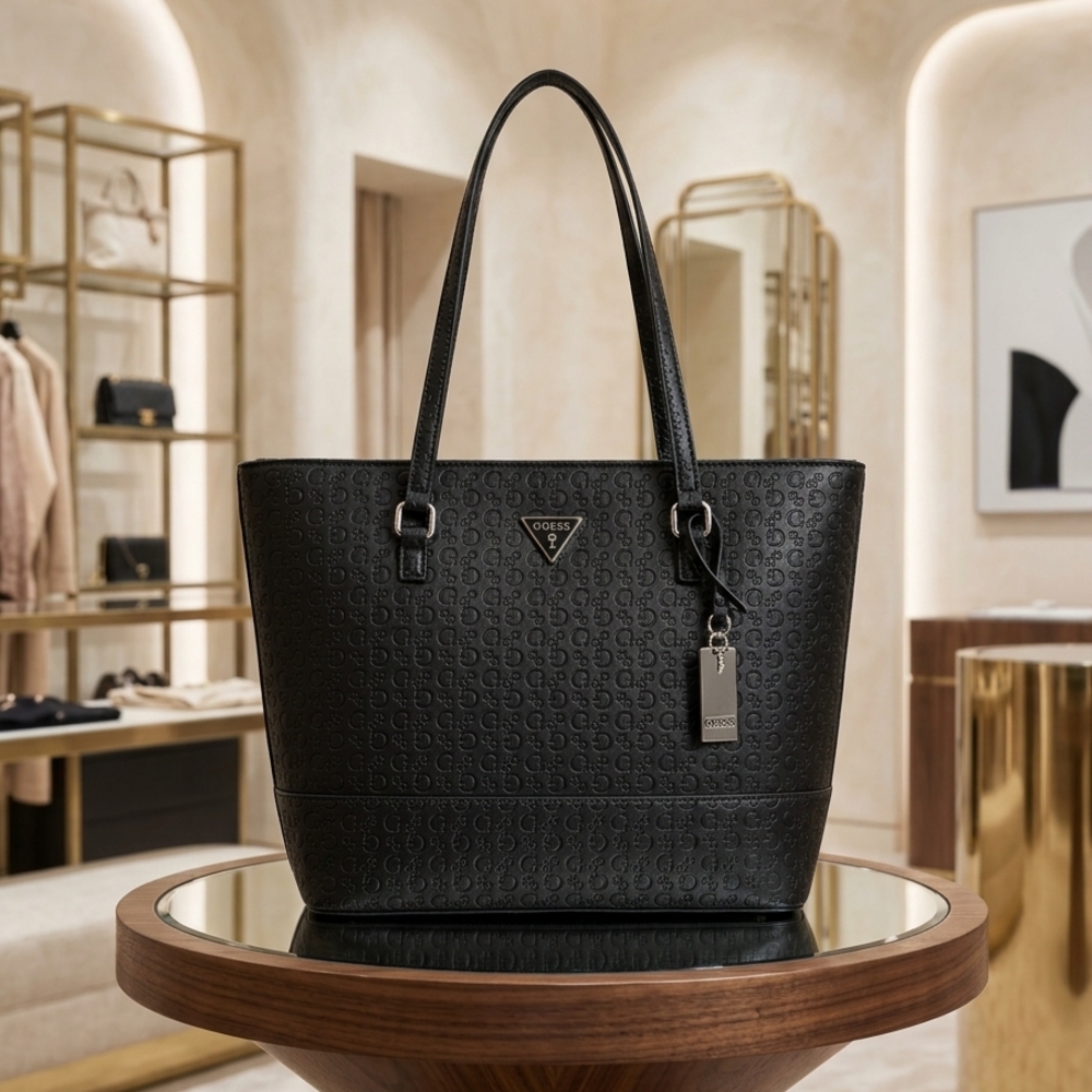 Guess Black Embossed Logo Tote with Tag Charm